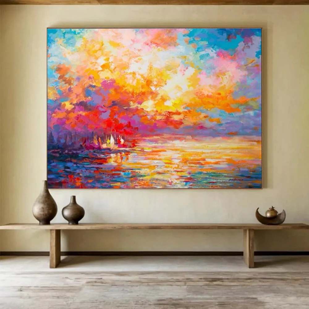 Adding Original Handmade Bedroom Sunset Colorful Abstract Canvas Artwork F5OUO